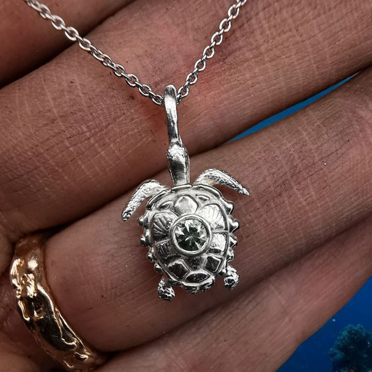 Silver Turtle Pendant With Sapphire