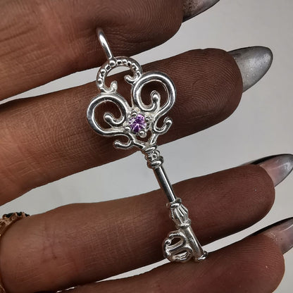 Silver Key Pendant With Sapphire
