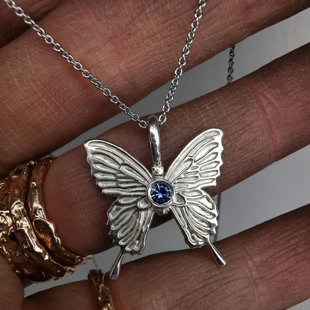 Silver Butterfly With Sapphire