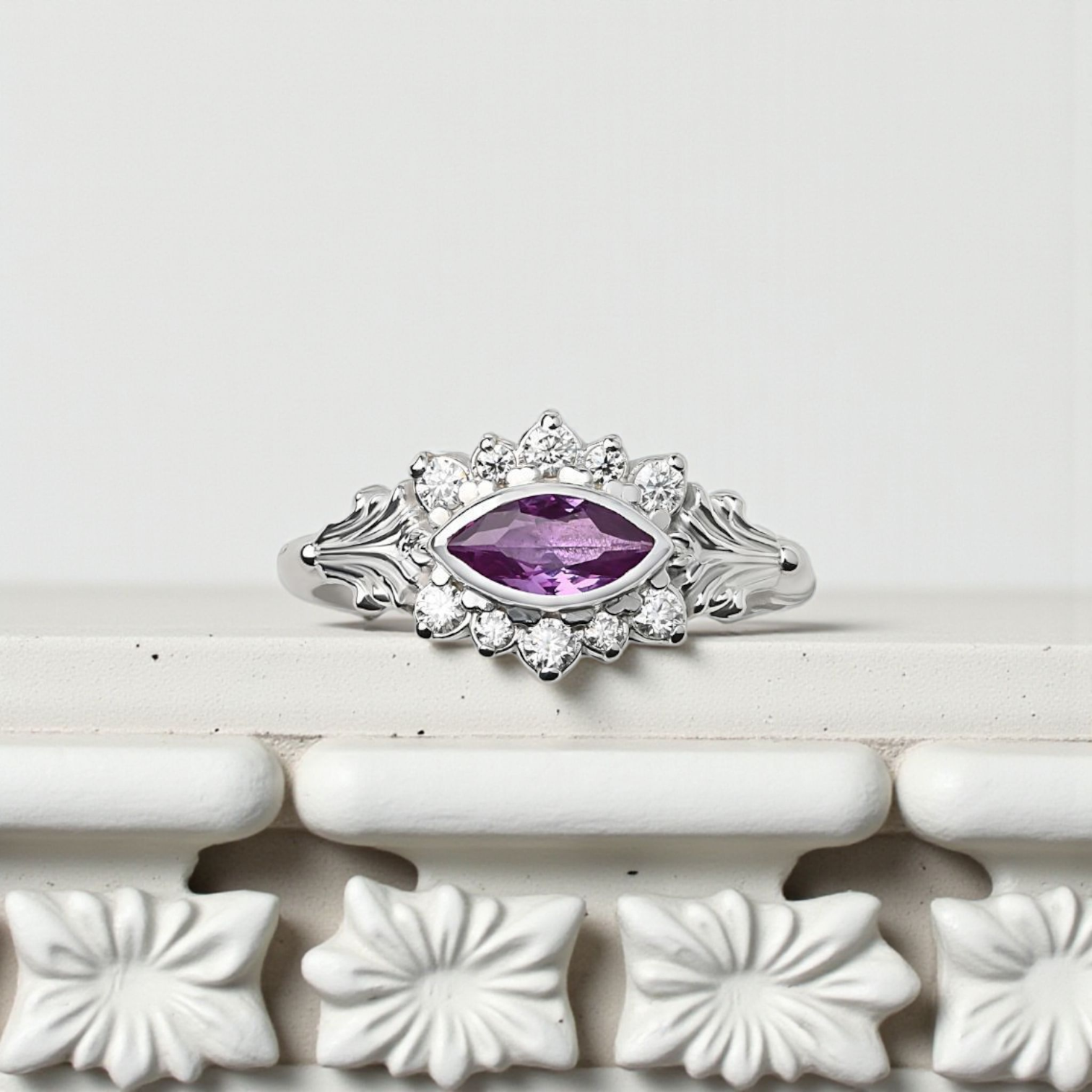 Silver Column II Eye Ring With Alexandrite & Moissanites