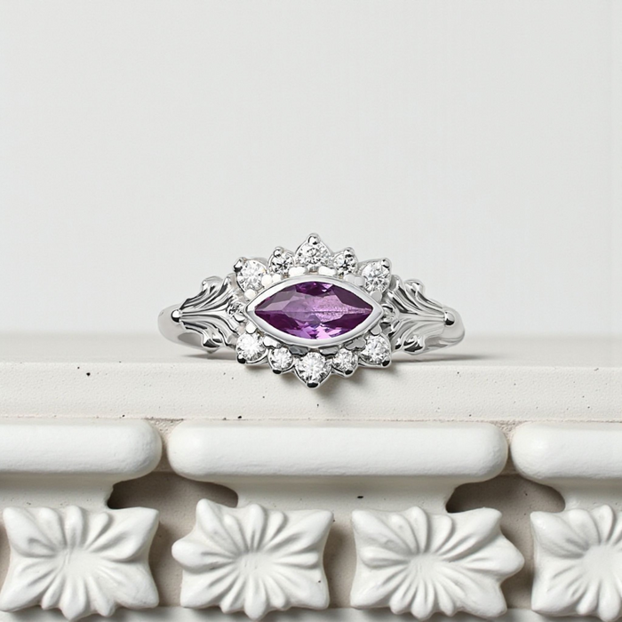 Silver Column II Eye Ring With Alexandrite & Moissanites