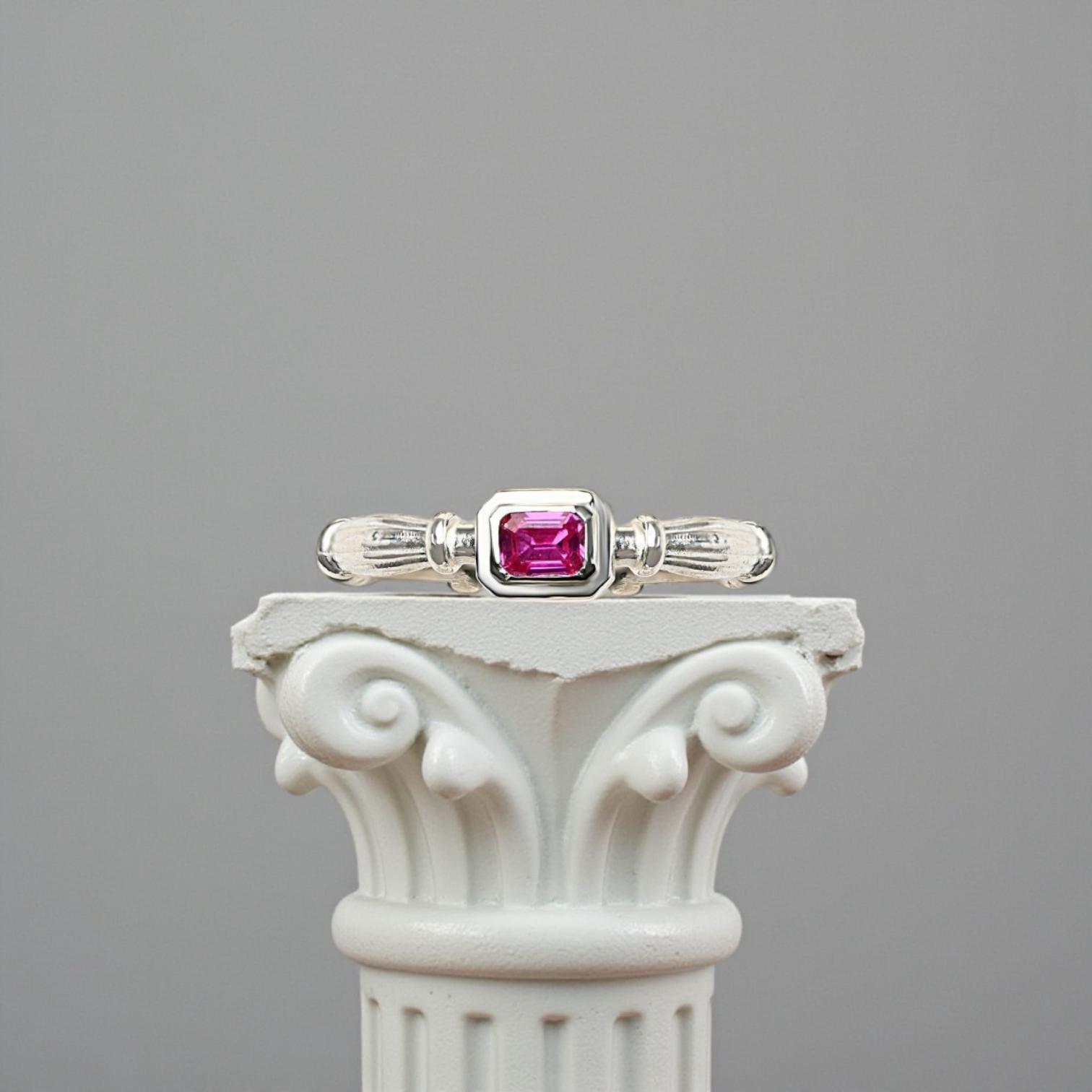 Silver Column  Midi Ring With 3mm Lab. Ruby
