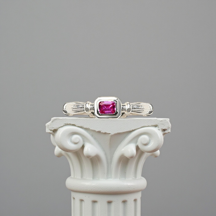 Silver Column  Midi Ring With 3mm Lab. Ruby