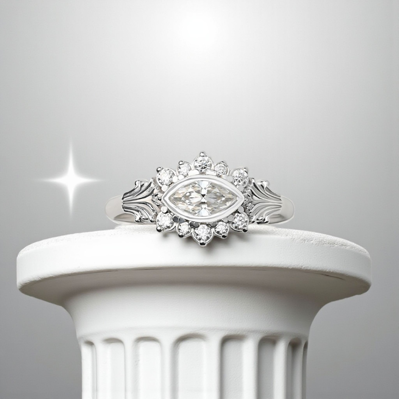 Silver Column II Eye Ring With Moissanites