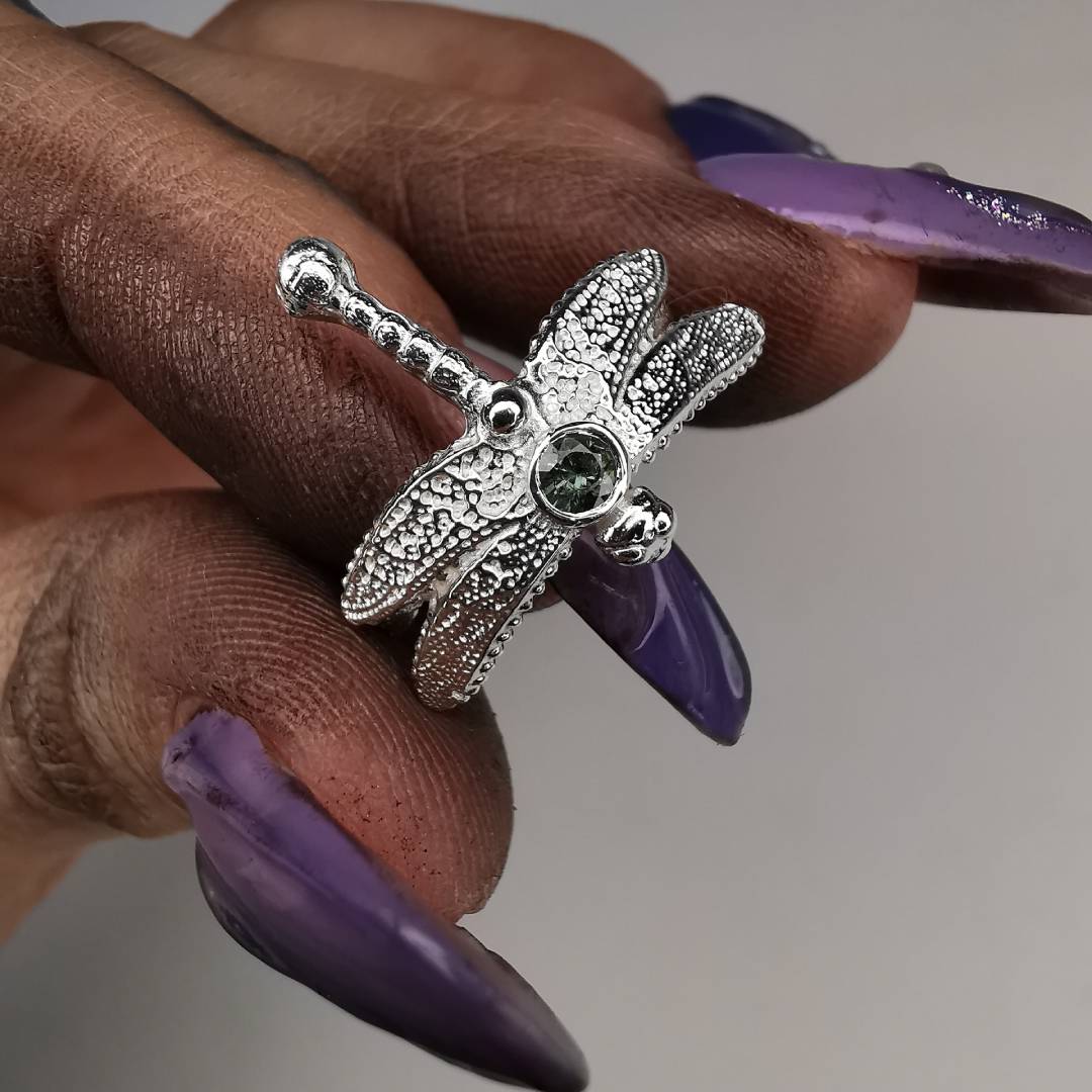 Silver Dragonfly Ring With Sapphire
