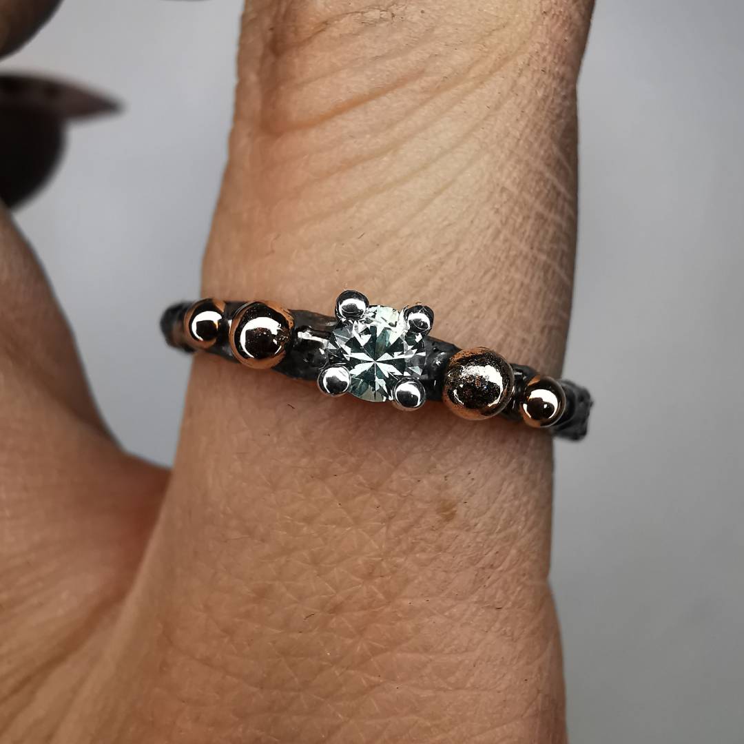 Rough Silver Ring With Color - Changing Blue - Green Sapphire & Rose Gold Drops
