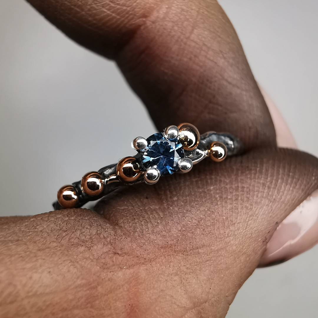Rough Silver Ring With Blue Sapphire & Rose Gold Drops