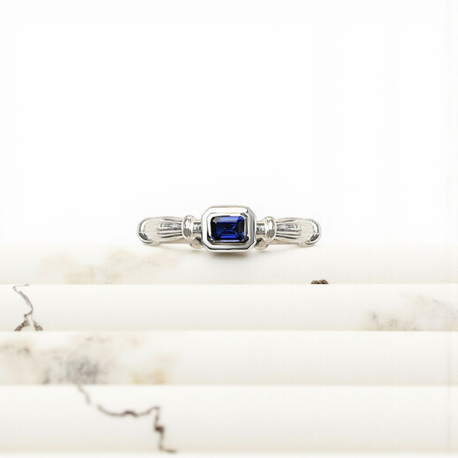 Silver Column  Midi Ring With 3mm Lab. Sapphire