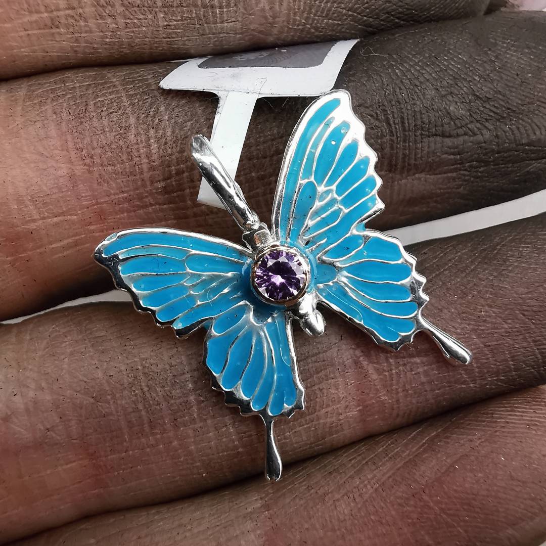 Silver Butterfly With Gold Drop & Sapphire