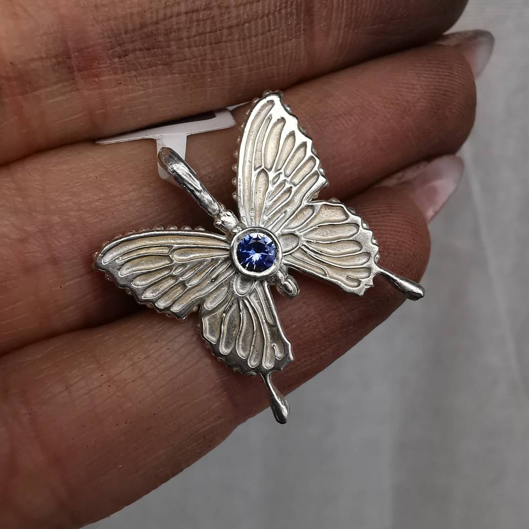 Silver Butterfly Pendant With Sapphire