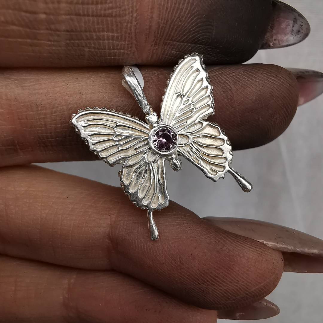 Silver Butterfly Pendant With Sapphire