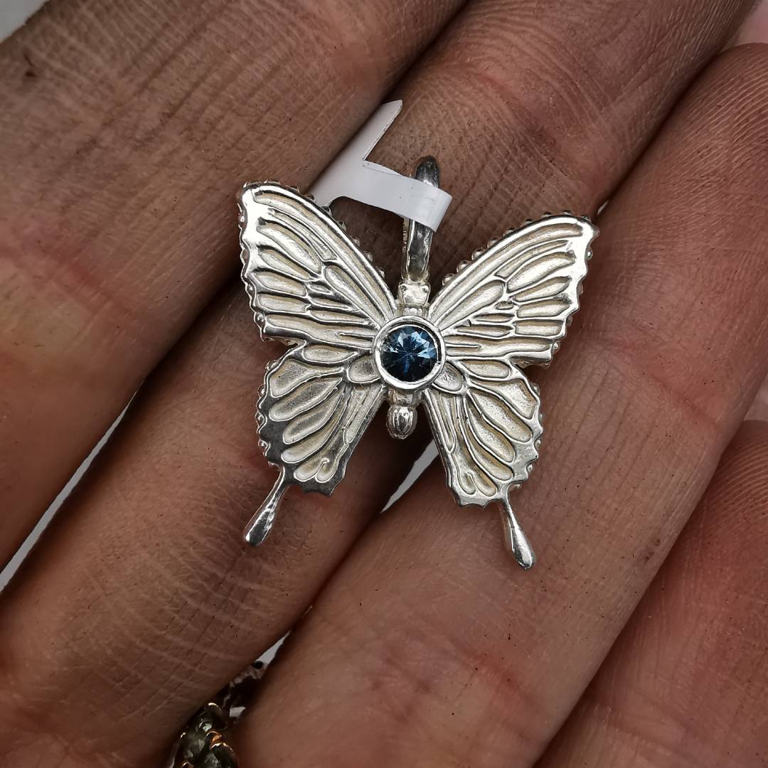 Silver Butterfly Pendant With Sapphire