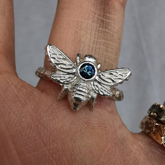 Silver Bee Ring With Sapphire