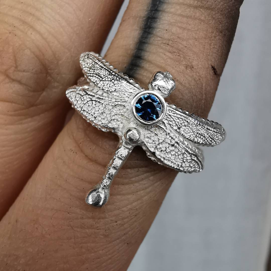 Silver Dragonfly Ring With Sapphire