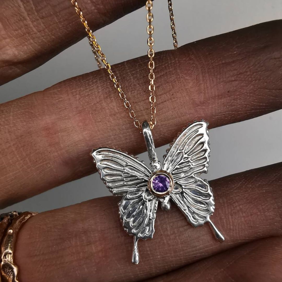 Silver Butterfly With Gold Details & Sapphire