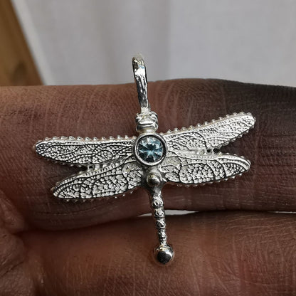 Silver Dragonfly Pendant With Sapphire