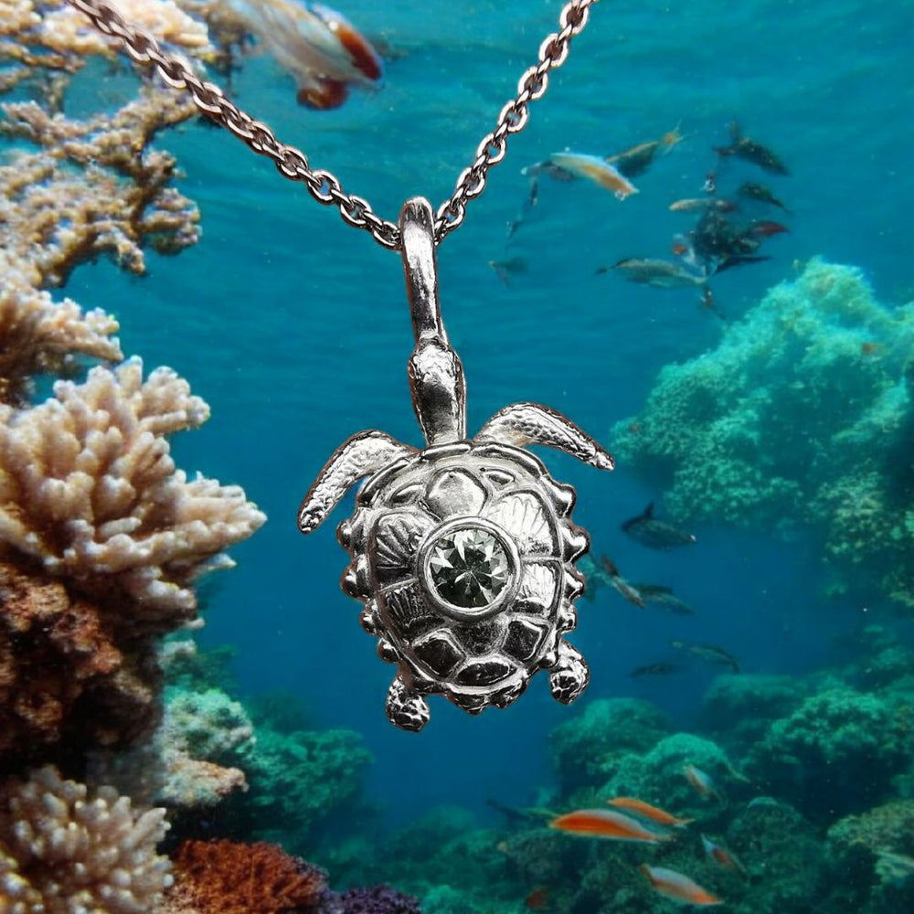Silver Turtle Pendant With Sapphire