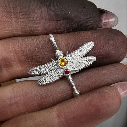 Silver Dragonfly Pendant With Sapphire & Lab. Moissanite