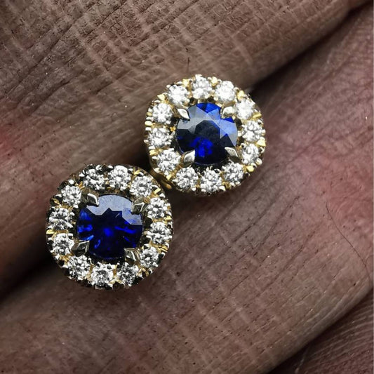 Yellow Gold Earrings With Royal Blue Sapphires & Diamonds